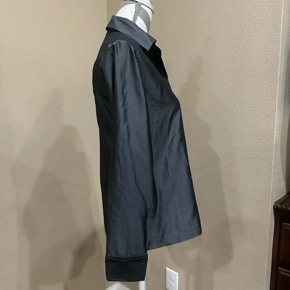 EXPRESS Button Down Silk Taffeta Blouse, Dark Grey - Picture 3 of 4